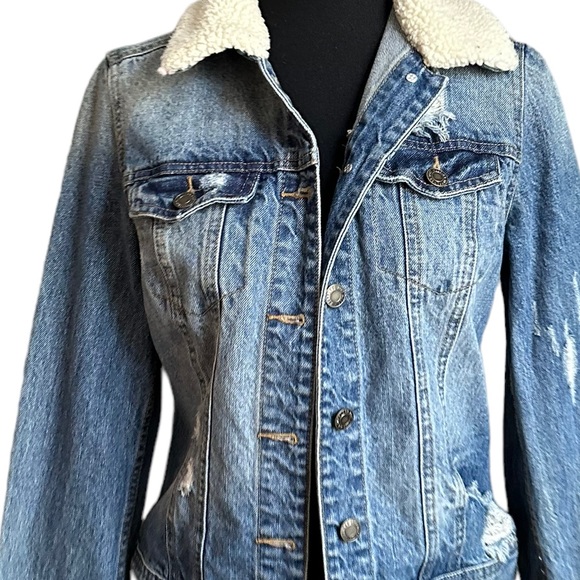 Mossimo Jean Jacket Sherpa Collar Womens Denim Trucker Coat Distressed Size S/P - Picture 3 of 17